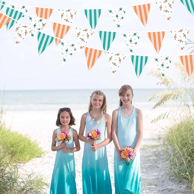 32Ft Italian Summer Party Decorations Orange Green Summer Wavy Floral Stripe Fabric Pennant Banner Triangle Flag Garland Streamer for Last Toast Coast Birthday Summer Baby Shower Bachelorette Supplies