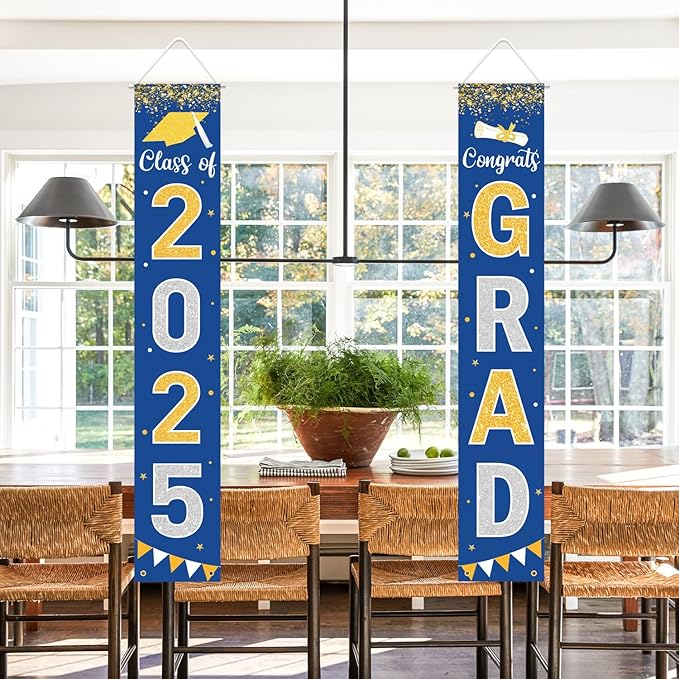 Graduation Decorations 2025 GRAD Banner Blue Porch Door Sign Welcome Banner For Indoor Outdoor Wall Graduation Decorations Class of 2025
