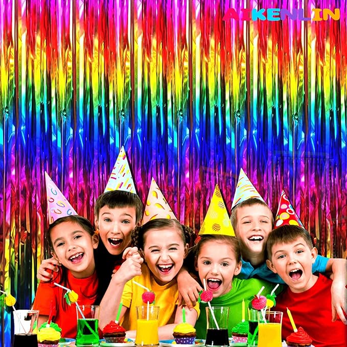 4 Pack Colorful Foil Fringe Curtain Backdrop, 3.2Ft x 9.8Ft Metallic Tinsel Foil Fringe Streamers Curtains for Party, Photo Booth Prop, Birthday, Wedding, Christmas Party Decoration Supplies