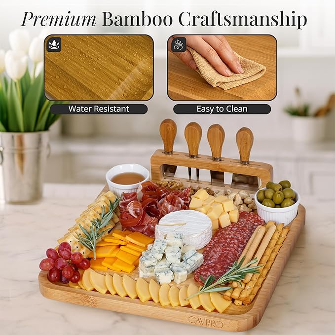 Charcuterie Board Set β Bamboo Cheese Platter with Knives, Bowls & Round Tray β Eco-Friendly Gift for Housewarming, Weddings & Parties β Wood Serving Board for Entertaining