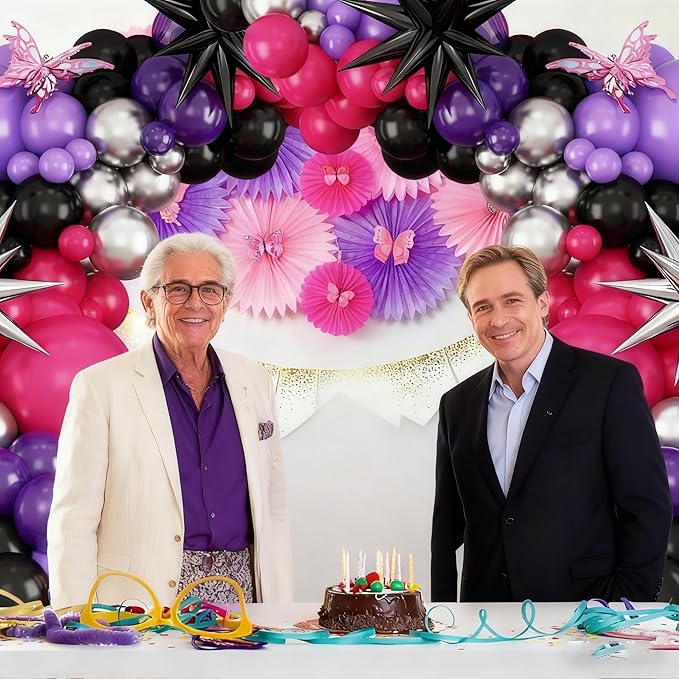 Hot Pink and Purple Balloon Arch Kit, Purple Black Balloon Garland with Star Foil Balloons for Wedding Birthday Graduation Engagement Party Decorations