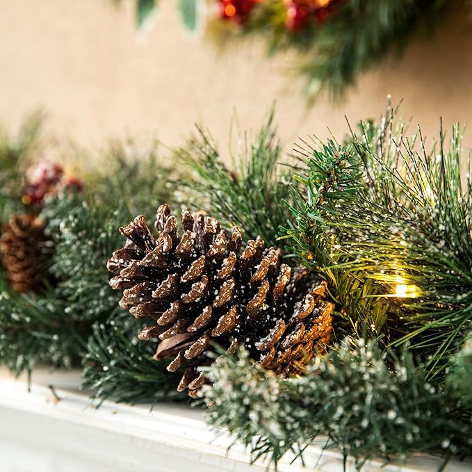 Glitzhome 2PK 6ft Christmas Garlands with Lights, Glittered Pinecones and Berries Greenery Christmas Garlands with 50 Warm White Lights and Timer for Christmas Holiday Party Hanging Decorations