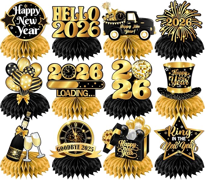 New Year Table Decorations 2026,12pcs Happy New Year Honeycomb Centerpiece Black and Gold New Years Eve Table Centerpiece,New Years Eve Party Supplies 2026 for New Years Celebratory