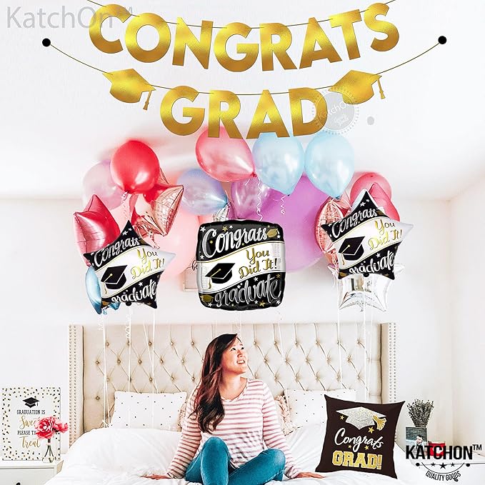 KatchOn, Glitter Gold and Black Congrats Grad Banner - 10 Feet | Gold and Black Grad Banner, Cap Garland for Graduation Cap Decorations 2025 | Graduation Decorations 2025