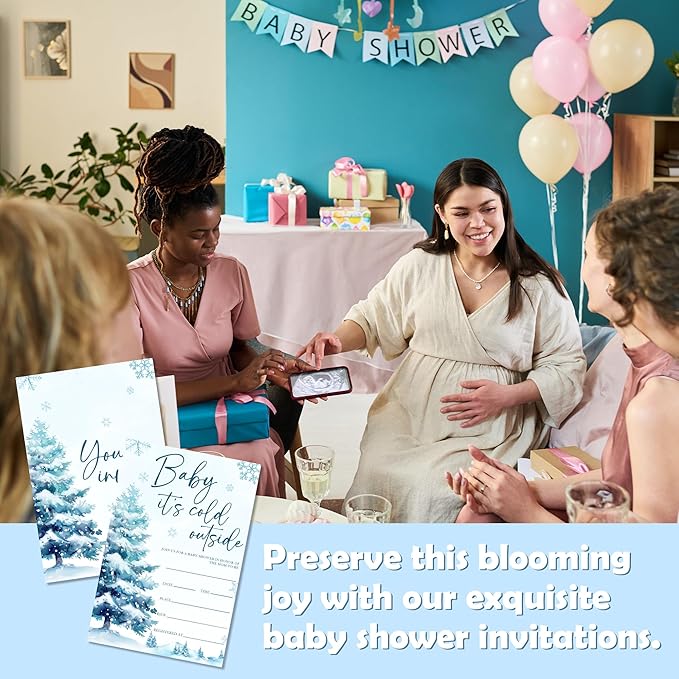4'' x 6'' Baby It's Cold Outside Baby Shower Invitations - 25 Watercolor Tree Invited Cards with Envelopes - Winter Announcement Invites for Boys & Girls, Gender Reveal Party Supplies & Decor -A03