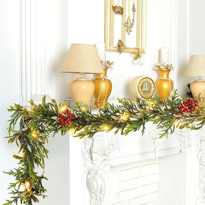 Flopttsu 6FT Prelit Christmas Pine Garland, Artifical Greenery Garland Realistic with Battery Operated Timer,Gold Vines for Mantle Staircase Fireplace Window Ourdoor