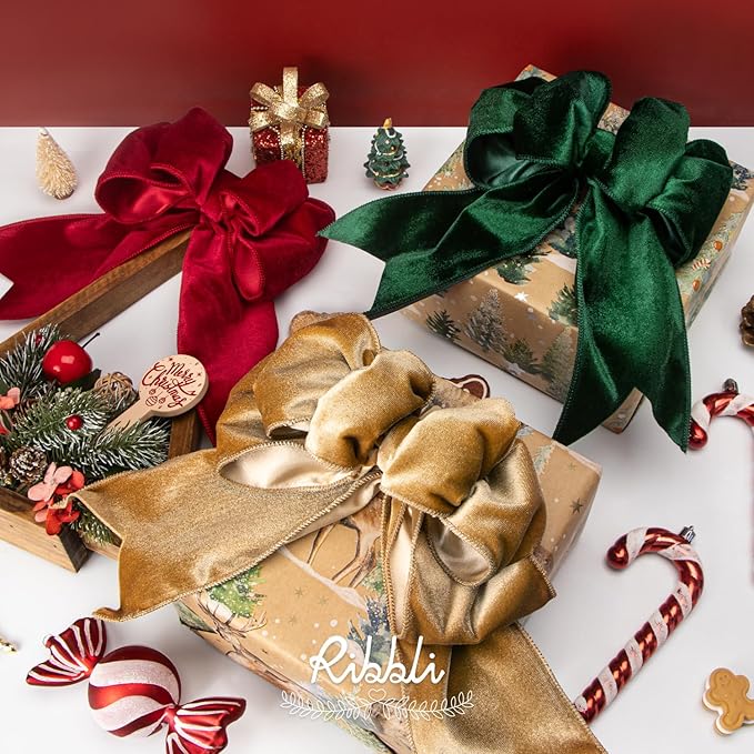 Ribbli Red Velvet Wired Ribbon 4 Inch Velvet with Satin Christmas Ribbon for Gift Wrapping Christmas Tree Decoration Crafts Wreaths Supplies-Continuous 10 Yards