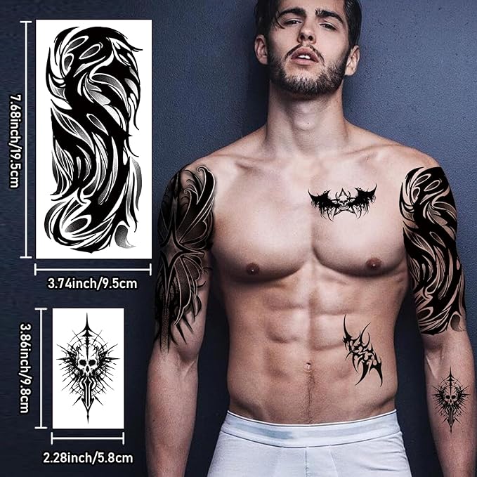 77 Sheets Cyborg Tribal Temporary Tattoo for Women Men, 17 Half Arm Large Skull Butterfly Fake Tattoos, 60 Black Vintage Tiny Adult Kid Body Tattoos Stickers Realistic Waterproof Long Lasting