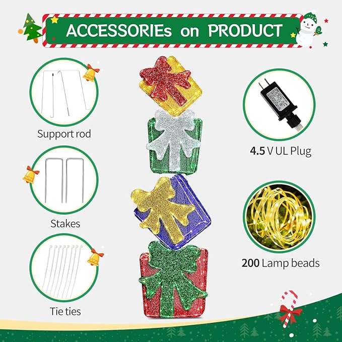 DomKom Set of 4 Flat Stacked Christmas Lighted Gift Boxes 40" Height - 2D Lighted Christmas Boxes with Built-in 200 LEDs & Bows - Indoor/Outdoor Plug-in Holiday Yard Display