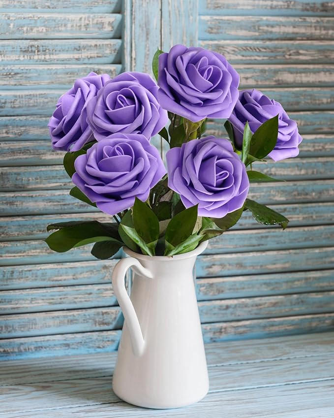 JOYLEX Artificial Flowers Realistic Roses, Real Looking Fake Roses with Stem for DIY Wedding Bouquets Centerpieces Bridal Shower Party Home Romantic Decorations (Purple, Regular 3" - 200pcs)