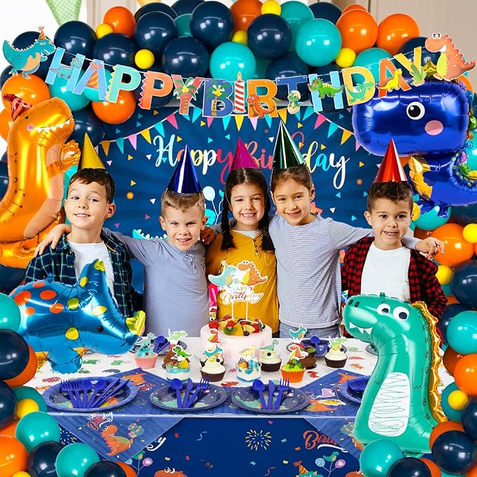 265 PCS Dinosaur Party Decorations, Blue Dinosaur Birthday Party Supplies for Boys Include Dino Balloons, Customized Backdrop, Happy Birthday Banner, Tablecloth, Plates, Cake Toppers