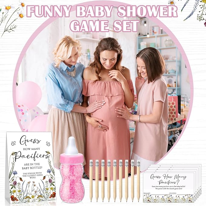 Roowest 512 Pcs Baby Shower Games Guess How Many Pacifiers Sign 100 Small Guessing Games 10 HB Pencils 750ml Milk Bottle 400 Acrylic Pacifiers Decoration for Guest Gender Reveal(Pink,Bloom)
