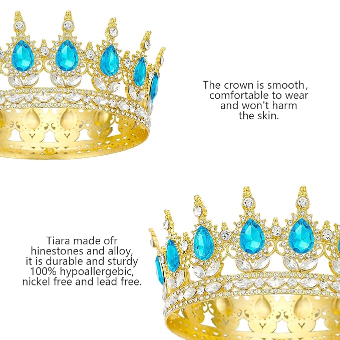 Queen Rhinestone Wedding & Bridal Crowns - Gold & Light Blue Tiaras for Women's Costume Party & Princess Birthday Accessories