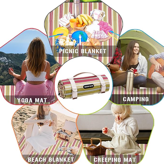 G GOOD GAIN Waterproof Picnic Blanket Portable with Carry Strap for Beach Mat or Family Outdoor Camping Party(Pickle)
