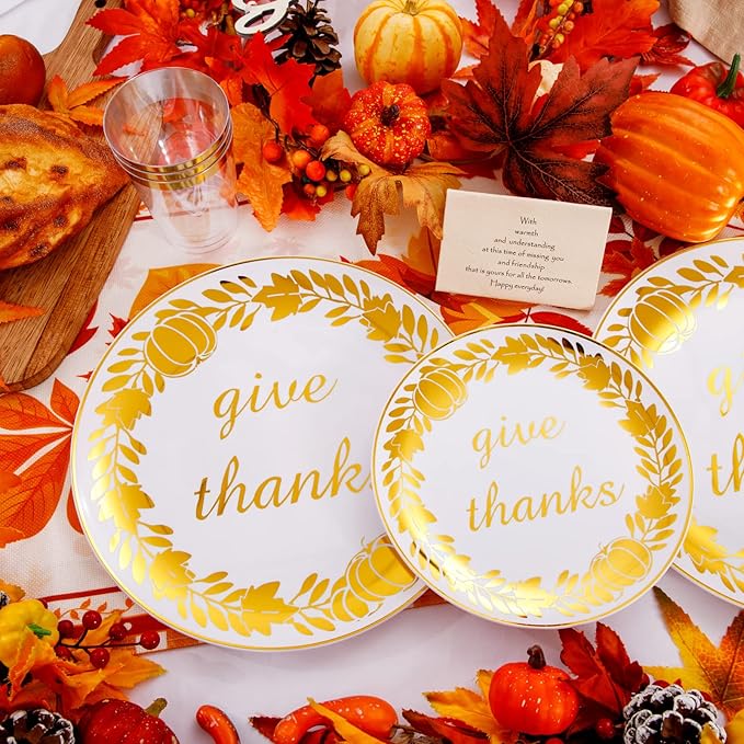 YOUBET 175PCS Thanksgiving Plastic Plates - Thanksgiving Gold Disposable Plates - Fall Plastic Plate Include 50 Plate, 25forks, 25Knives, 25Spoons, 25 Napkins, 25Cups for Fall Party