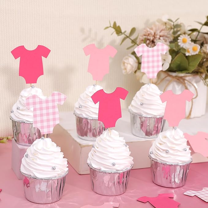 Pink Bodysuit Cupcake Topper - Baby Shower Decoration Pink Gingham Cake Topper,Baby Shower Bunting (pink-topper)