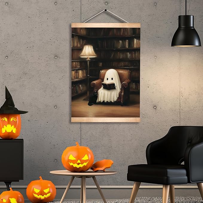 HEYJEEPER Ghost Reading in Library Wall Art,14x18.5inch Gothic Halloween Linen Canvas Poster and Black Cat Print, Vintage Dark Aesthetic Decor for Library,Study,or Witch's Bedroom(BLK01)