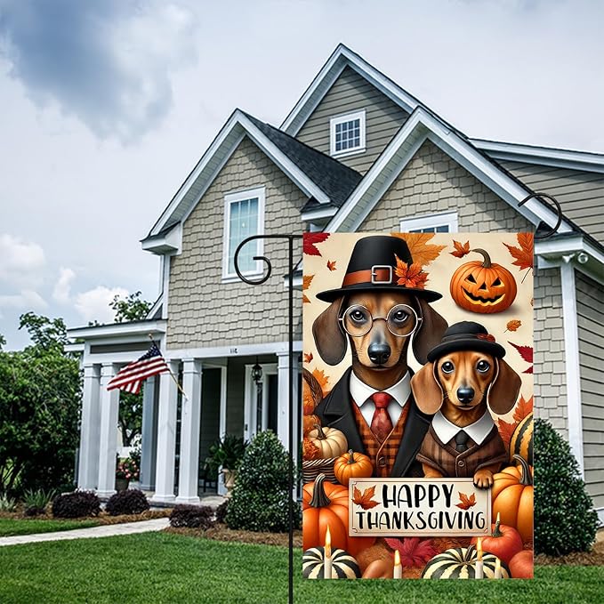 Happy Thanksgiving Dachshund Garden Flag 12x18 Inch Outdoor Flag Double Sided Fall Yard Banner with Dogs Pumpkins and Autumn Leaves for Porch Lawn Patio