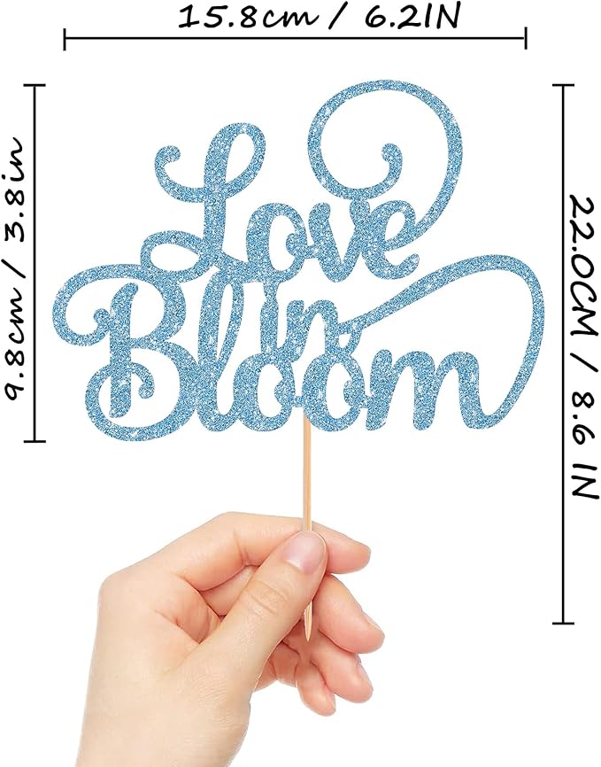 Love in Bloom Cake Topper - Glitter Sky Blue Bridal Shower Cake Decoration, Wedding & Engagement Cake Pick (Sky Blue)