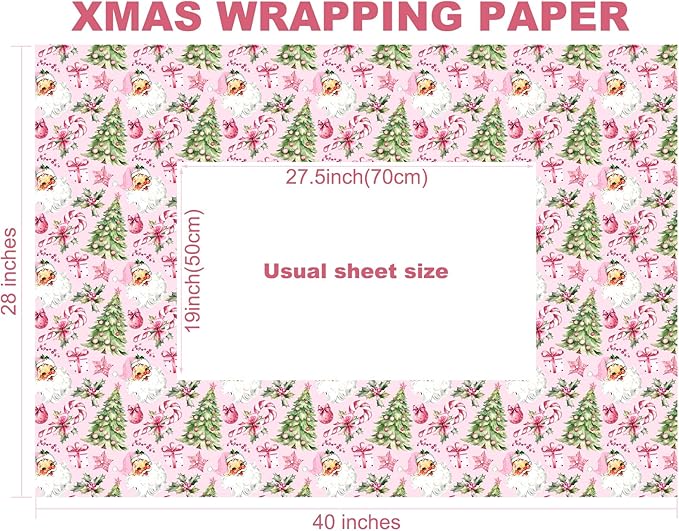 PlandRichW Pink Christmas Wrapping Paper - Vintage Watercolor Santa with Gingerbread, Candy Canes & Bows - 40×28 Inch Xmas Gift Wrap, 4 Folded Sheets for Kids & Adults