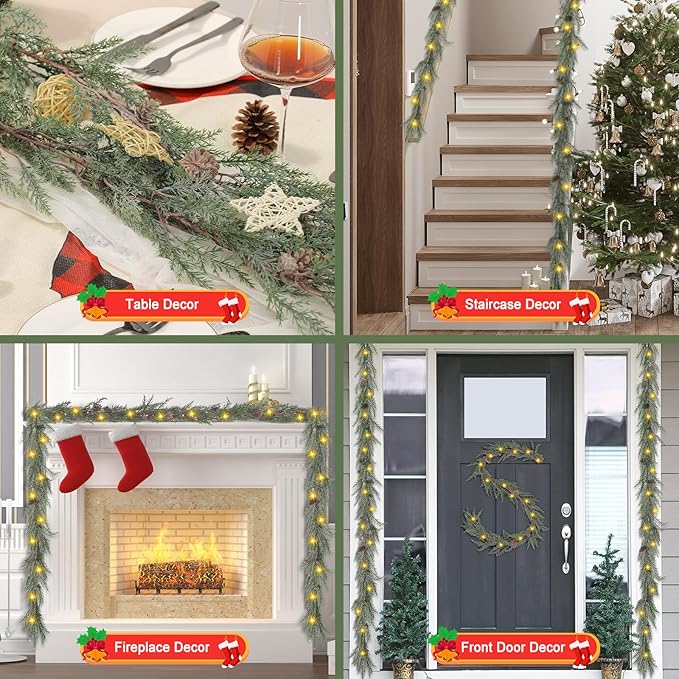 Artgar Pine Garland Realistic, 6 FT Cedar Garlands, Christmas Garland with 30 Warm Lights with 8 Light Modes, Garland Christmas Decorations for Mantels Stair Table Decor (White-Green)