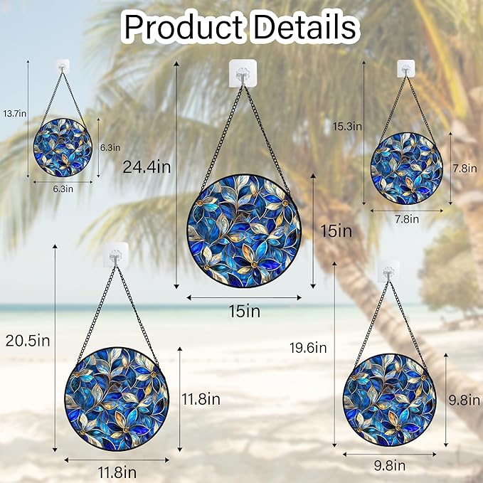 Stained Glass Window Hanging - Blue Gold Abstract Flowers Suncatcher for Door Terrace Garden Home Decor, Plant Sun Catcher Birthday Gifts for Lovers Women Men Dad Mom Nana 6.3 in