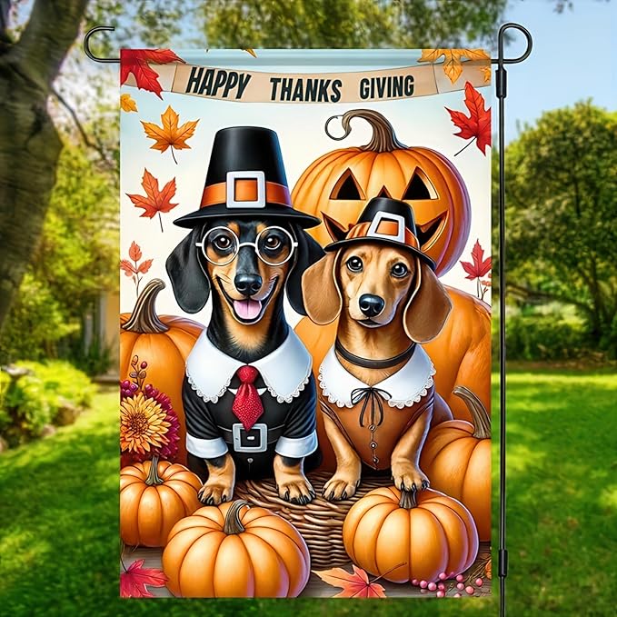 Thanksgiving Dachshund Garden Flag 12x18 Double Sided Fall Harvest Dog Lover Yard Flag Autumn Pumpkin Outdoor Decorations Cute Pilgrim Dogs Welcome Banner Farmhouse Thanksgiving Garden Decor
