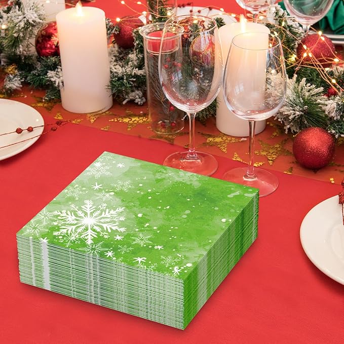 Christmas Paper Napkins Green, Snowflake, Watercolor 80 Pieces Party Disposable Paper Luncheon Napkins for Christmas, Happy New Year