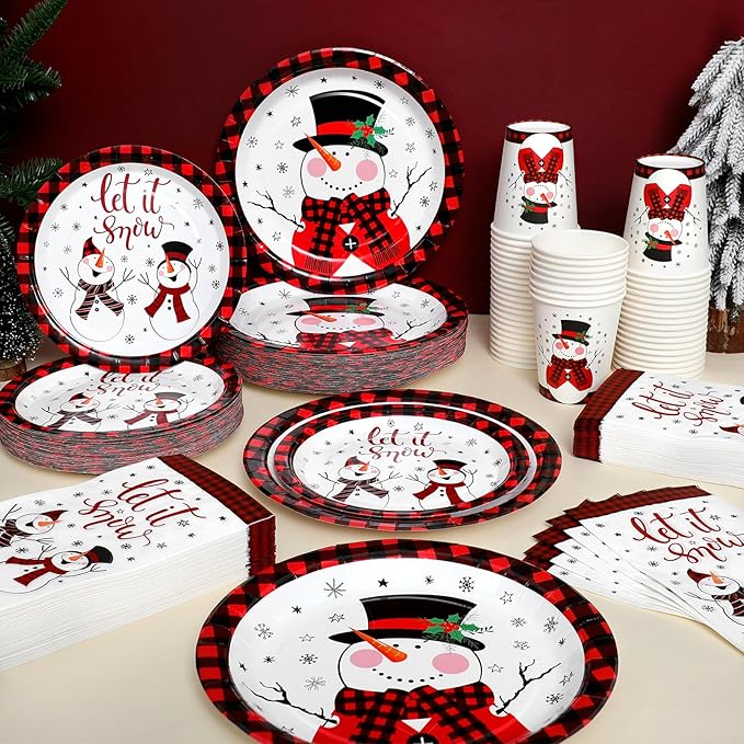 250 Pcs Christmas Snowman Paper Plates and Napkins Party Supplies Red Black Buffalo Plaid Winter Disposable Tableware Set for Christmas Winter Holiday Xmas Party Decoration