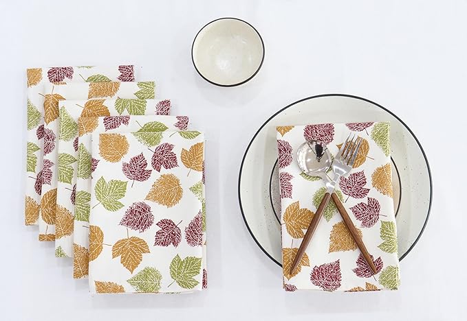 PurpleEssences Fall Harvest Decor Thanksgiving Napkins, 18x18 Fall Cloth Napkins Set of 6, 100% Cotton Fall Leaves Dinner Napkins for Farmhouse Kitchen, Autumn Leaves