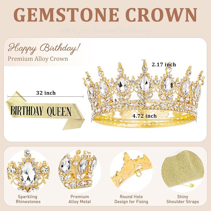 Gold Crown for Women, Crystal Queen Tiaras Headband Wedding Bridal Hair Accessories, Birthday Party Prom Cake Topper