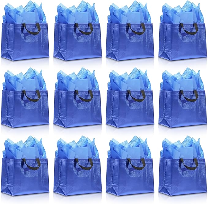 KeerxunBag 12Pcs Reusable Gift Bags(Includes Tissue Paper) Gift bag with handle Birthdays Parties Holidays Weddings Medium 13x5x11in Blue Gift Bags