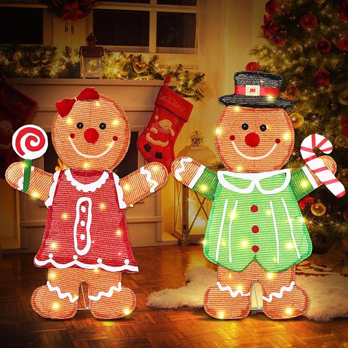 DomKom Set of 2 Lighted Gingerbread Man Christmas Decorations, 27 inch Pre-Lit Light Up Gingerbread Couple with Candy Cane & Lollipop 50 LED for Xmas Indoor Outdoor Yard Lighted Holiday Displays