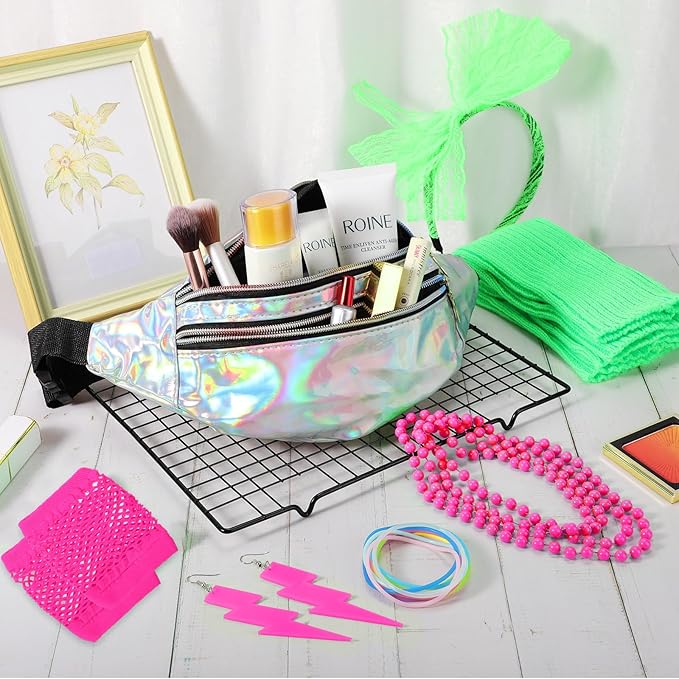 Handepo 19 Pcs 80s Costume Accessories Holographic Fanny Pack Leg Warmers Lace Headband Earrings Gloves Necklace Bracelet