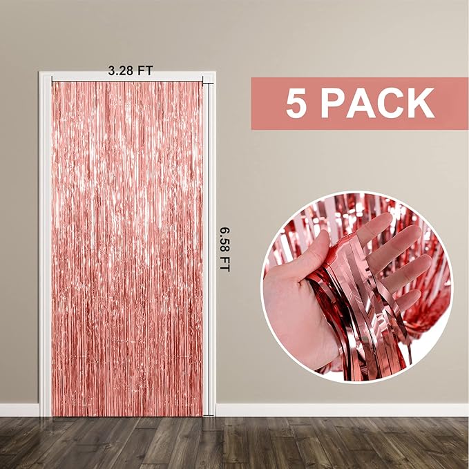5 Pack Foil Curtain Backdrop Rose Gold Metallic Tinsel Foil Fringe Curtains Photo Booth Props for Birthday Wedding Engagement Baby Shower Bachelorette Christmas Holiday Celebration Party Decorations