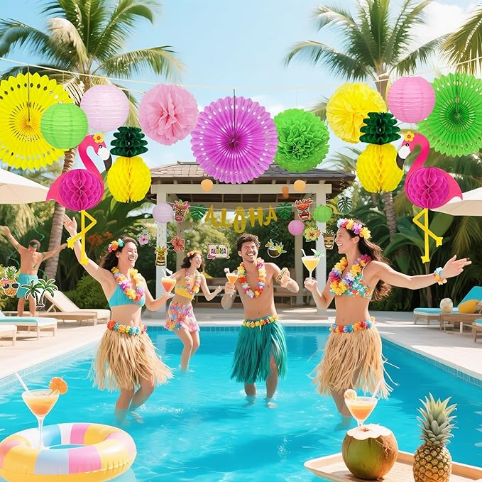 24 Pcs flamingo party decorations, Hawaiian Aloha Party Decorations, Luau Party Decorations, Flamingo Birthday Decorations Include Aloha Banner Flower Palm Flamingo Foil Ceiling For Summer Decorations