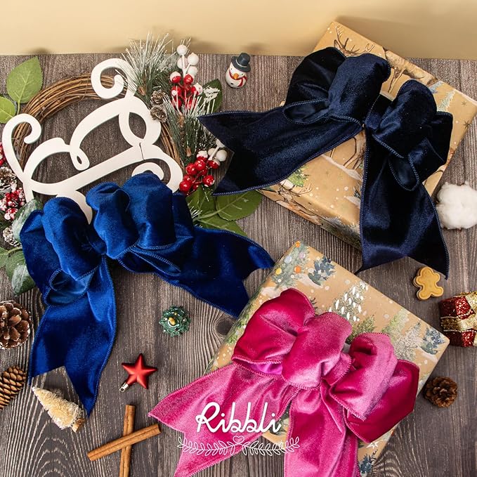 Ribbli Royal Blue Velvet Wired Ribbon 4 Inch Velvet with Satin Christmas Ribbon for Gift Wrapping Christmas Tree Decoration Crafts Wreaths Supplies-Continuous 10 Yards