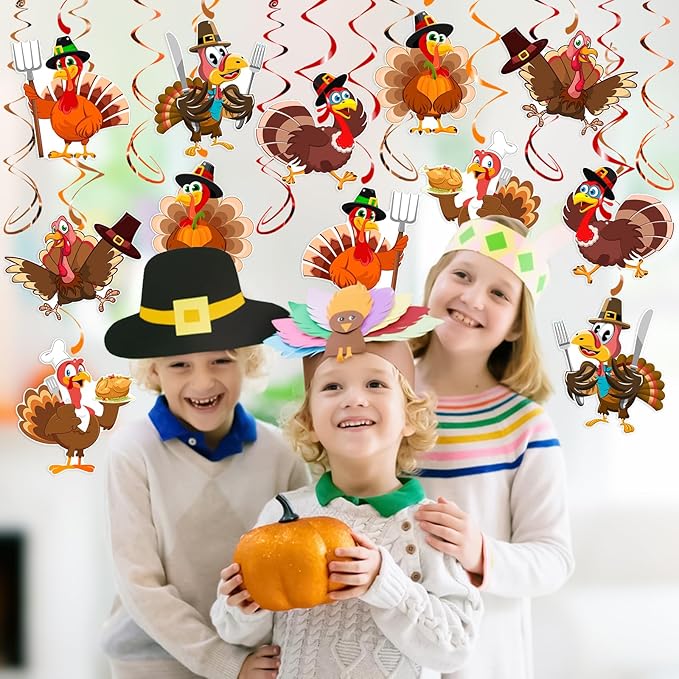 30Pcs Thanksgiving Turkey Hanging Swirls, Thanksgiving Decorations Hanging Swirl Turkey Ceiling Swirls Streamers for Classroom Friendsgiving Party Supplies