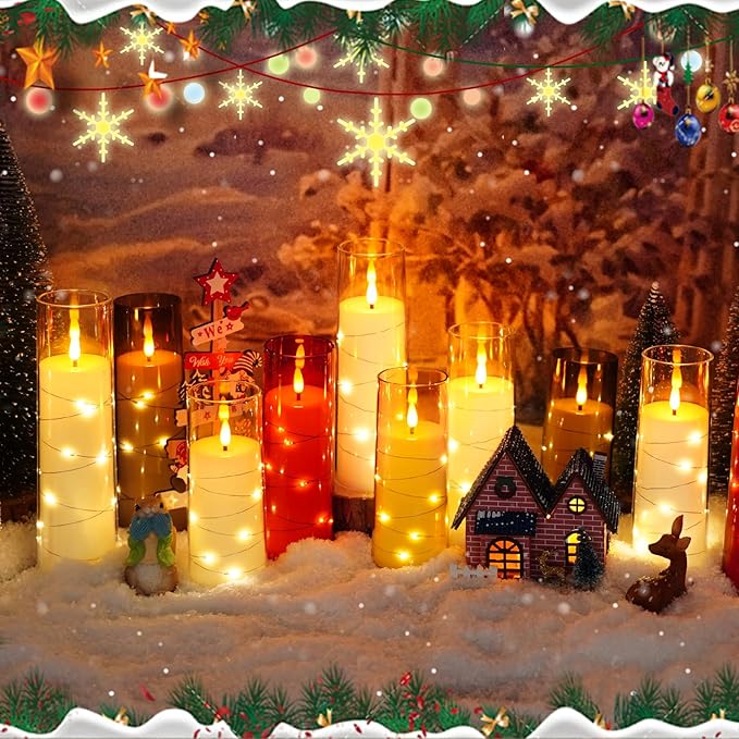 Flameless Candles with Embedded Star String - Battery Operated LED Candles, with Remote,12 White Flickering Candles for Christmas, Weddings, Home Decor & Party,(D 2.3"×H 5" 6" 7")