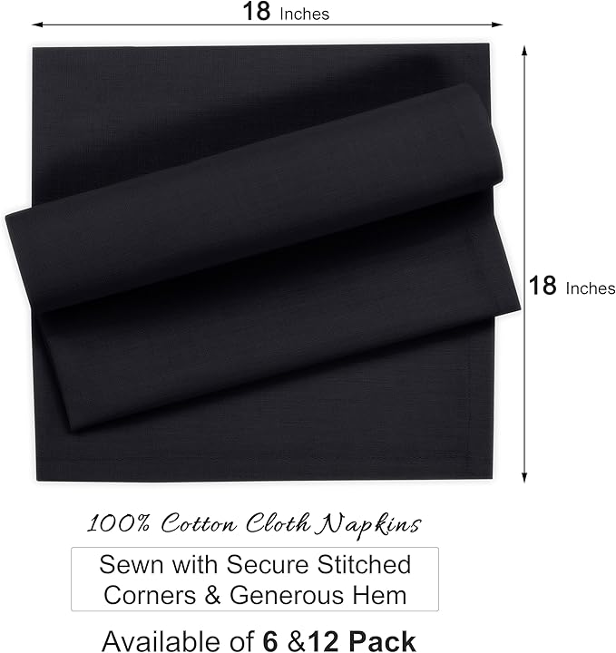 Ruvanti Premium Cloth Napkins Set of 12, 18x18 Inches, 100% Cotton, Washable, Soft & Absorbent, Perfect for Wedding, Christmas, Thanksgiving Dinners - Black Beauty