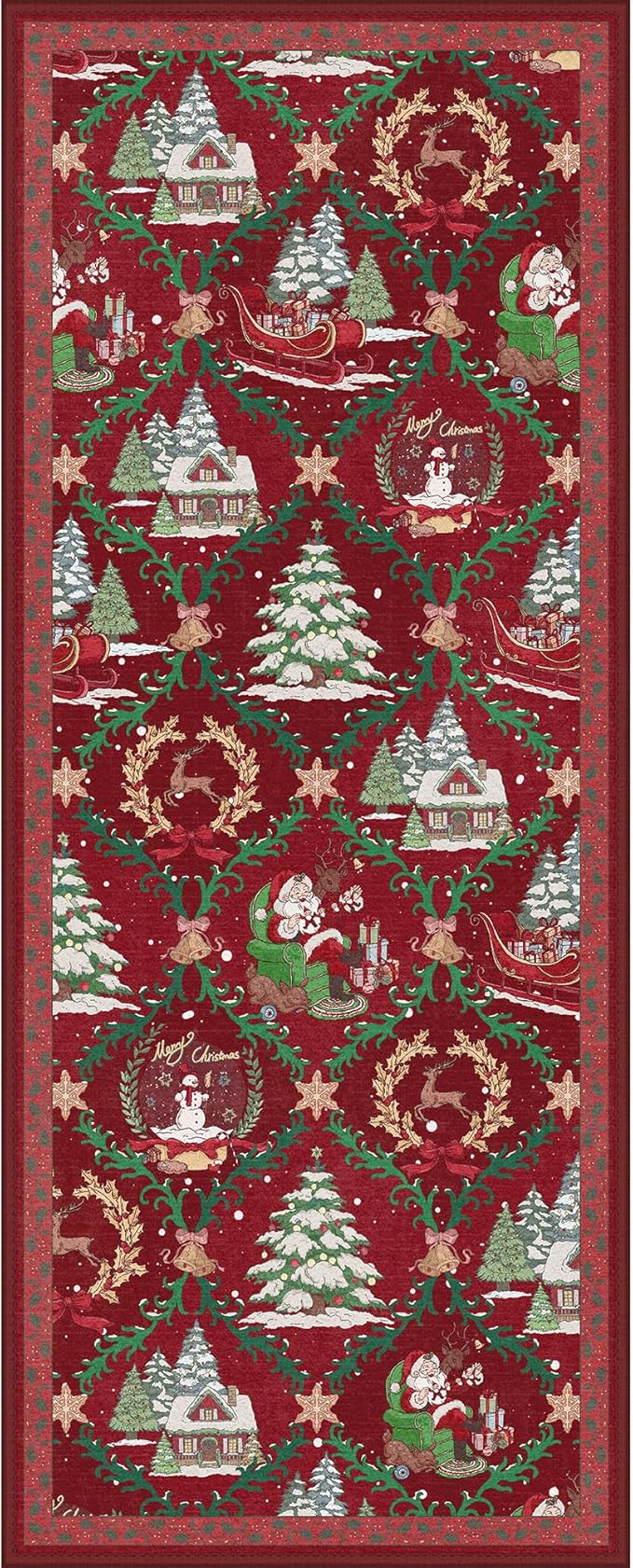 Christmas Runner Rug 2x6 Washable Rug for Hallway Kitchen Bedroom, Christmas Home Decor, Holiday Print Carpet, Low Pile Mat with Non Slip Backing, Crimson Christmas Tale Pattern