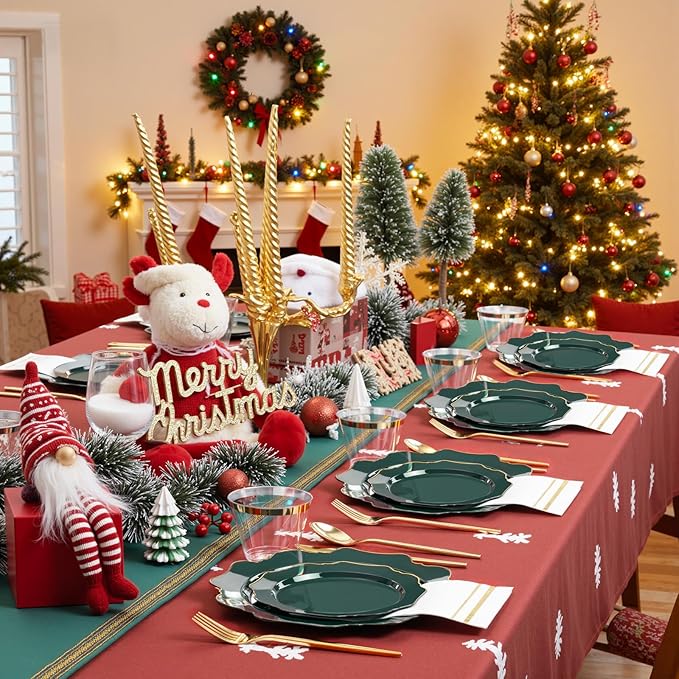 WDF 175Pcs Green Plastic Plates - Green Plates Disposable with Gold Rim - Christmas Plastic Plate - Fancy Disposable Dinnerware Sets 25 Guests Ideal for Christmas/Party/Wedding