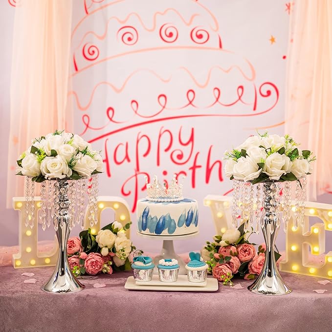 2 Pcs Silver Vases for Centerpieces, 13.8in Crystal Flower Arrangement Stand, Wedding Centerpieces for Tables, Tall Metal Flower Vase Holders for Wedding, Event, Reception, Birthday, Home Decor