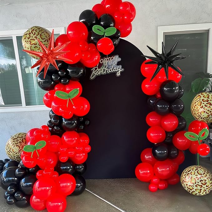 Red Black Balloons Garland Arch Kit, 133pcs Green Cherry Black Red Explosion Star Foil Balloons, 4D Cheetah Print Mylar Balloons for Berry Themed Birthday Baby Shower Bachelorette Party Decorations
