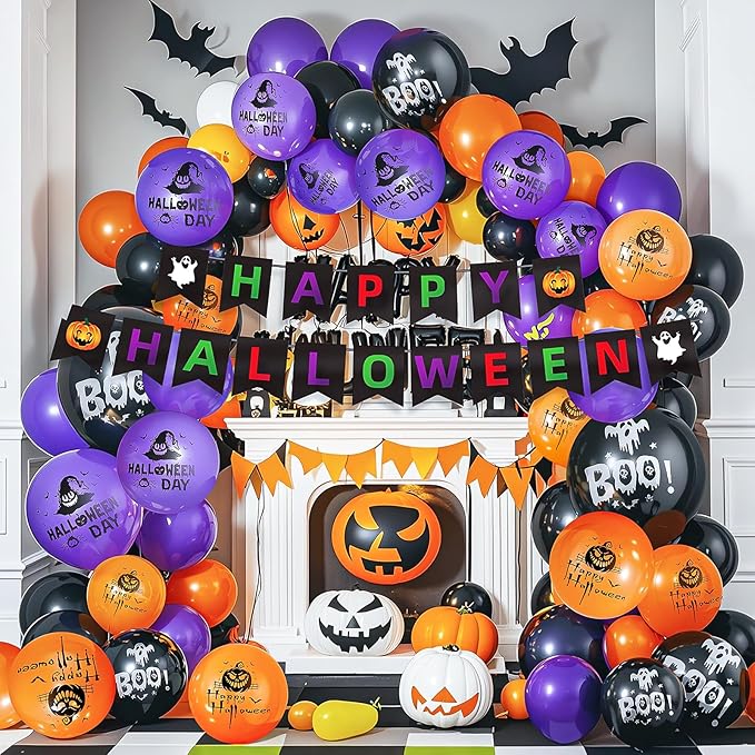 Halloween Party Balloons Kit 60-Pack 12inch Orange Black Purple Halloween Balloons with Ribbons for Party Balloons Decorations Theme Party Background Classroom Indoor and Outdoor Party