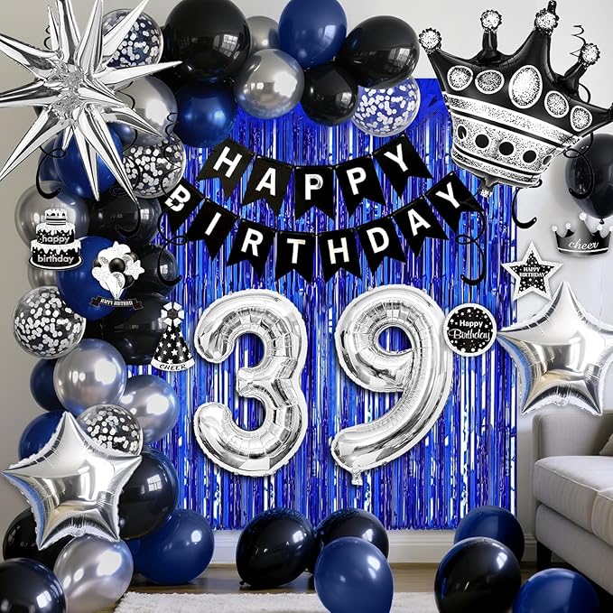 39th Birthday Decorations for Men and Women, Black Blue Silver Happy Birthday Number 39 Balloons, Banner, Fringe Curtains Garland Kit - 39 Year Old Party Supplies