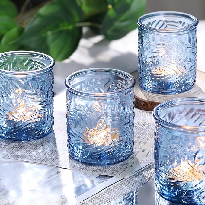 24 pcs Blue Votive Candle Holders, Tea Light Candle Holder for Wedding Centerpieces, Glass Candle Holders for Baby Shower Home Bridal Decoration Table Decor