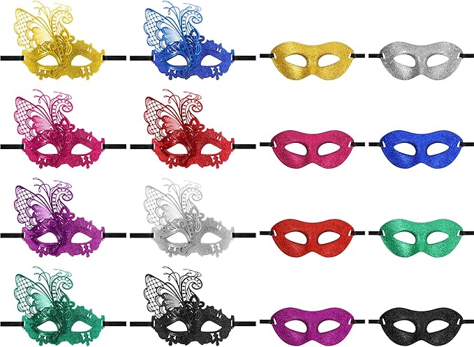 Sratte Couple Masquerade Mask with Feather Flower Unisex Half Face Venetian Mask for Mardi Gras Party
