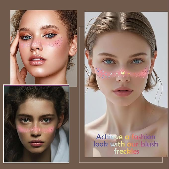 10 Pcs Holographic Multichrome Glitter Freckles Face Tattoos, 2-in-1 Rose-pink Blush and Holographic Laser Temporary Tattoos, Waterproof and Long-lasting Face Makeup Tattoos for Women and Girls