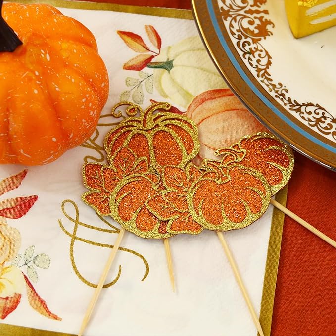 Glitter 24Pcs Pumpkin Cupcake Toppers Thanksgiving Cupcake Toppers Fall Theme Cupcake Picks for Thanksgiving Day Harvest Pumpkin Theme Baby Shower Birthday Cake Decorations Party Supplies